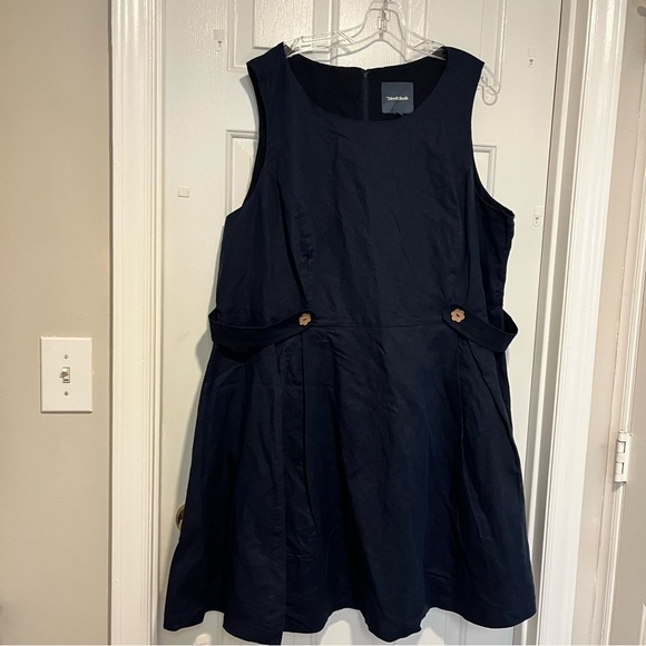 ModCloth Something Sixties Cotton Linen Dress Navy Blue Wood Buttons Size 28 - Picture 2 of 7